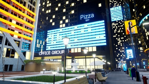 Nighttime downtown city roads with enterprise office buildings. Empty metropolitan town with esplanades illuminated by lamp posts and neon led lit condominiums, 3d render animation