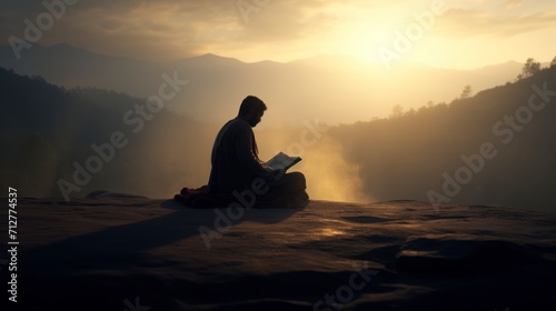 Silhouette of a Muslim man reading the Koran  with a background of sunlight and fog. copyspace - generative ai