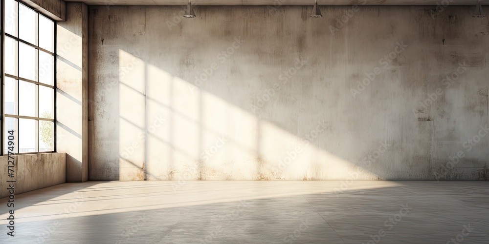 Sunlit room with large windows, Shadowy floor, Concrete wall backdrop. Sunlit room with large windows, Shadowy floor, Concrete wall backdrop.
