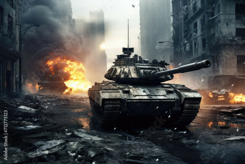 A tank driving through a war-torn city, with smoke and destruction in the background