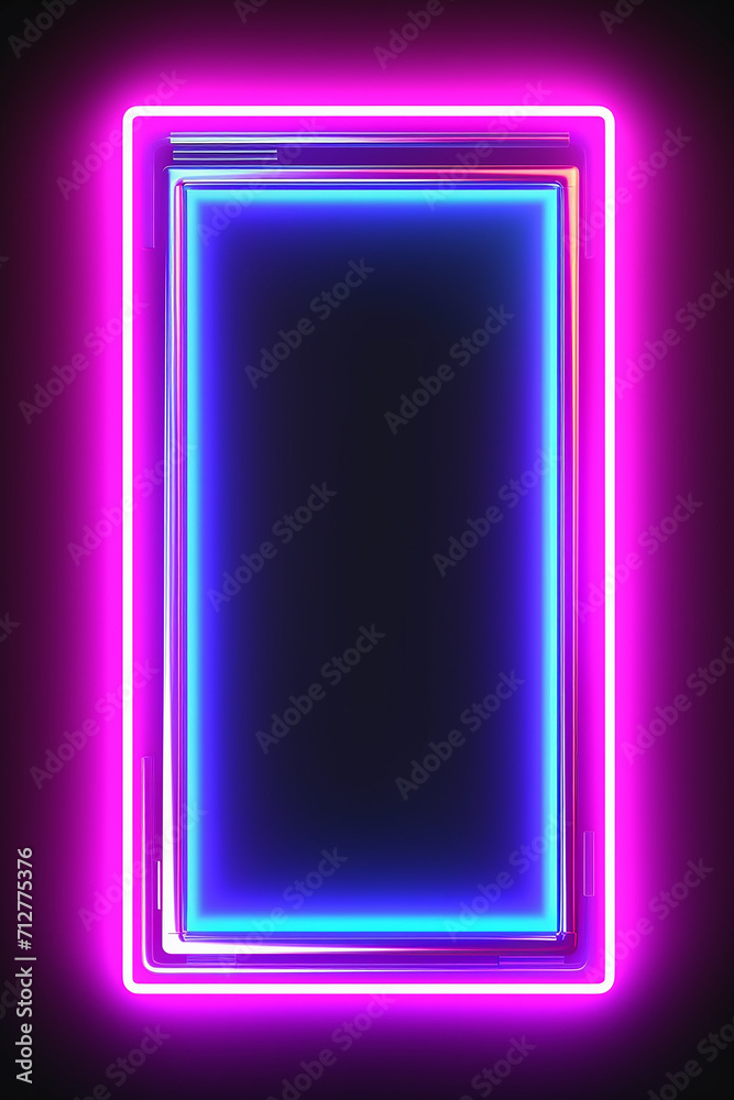 Rectangle horizontal Neon lights frame mock up with glowing pink and blue lights.