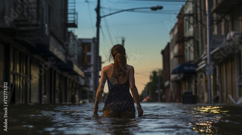 Enduring Crisis: Girl Navigating Flooded Streets with Resolve, Generative AI