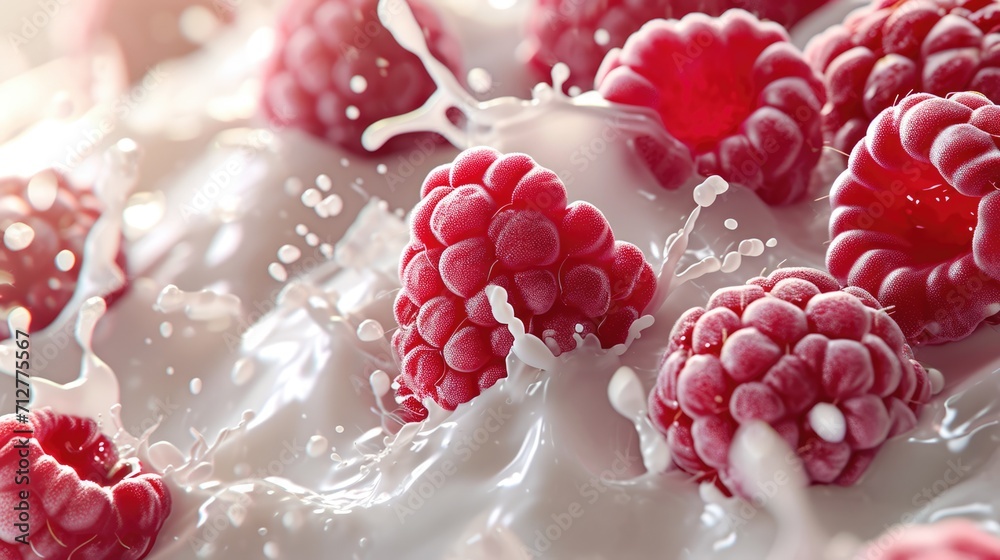 Close up of fresh raspberries with milk. Healthy yogurt, berry milkshake or smoothie food background - obrazy, fototapety, plakaty 