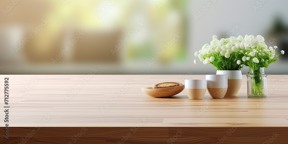 Create a visually captivating arrangement for product presentation using a blurred kitchen as the background with a wooden table top. Create a visually captivating arrangement for product presentation using a blurred kitchen as the background with a wooden table top.