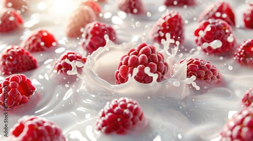 Close up of fresh raspberries with milk. Healthy yogurt  berry milkshake or smoothie food background