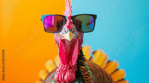 cool Funny chicken wearing sunglasses in studio with a colorful and bright background. AI Generative photo