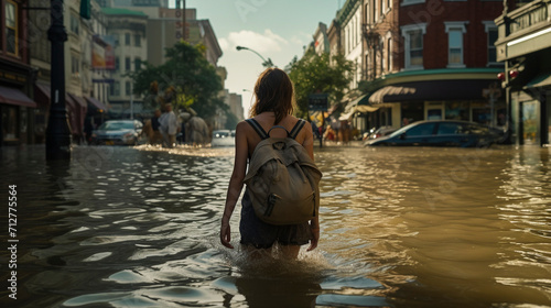 Braving the Waters: Girl Walking Tall in Flood Aftermath, Generative AI © Adolfo Perez Design
