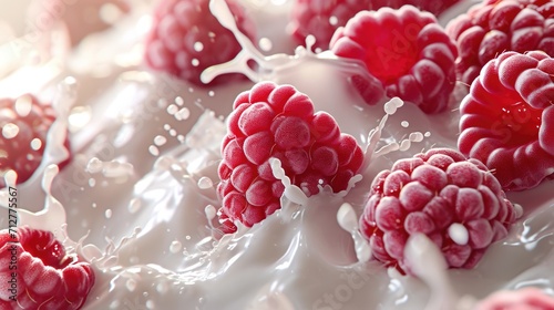 Close up of fresh raspberries with milk. Healthy yogurt, berry milkshake or smoothie food background photo