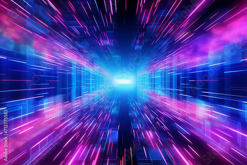 Abstract digital tunnel with vibrant blue and pink light trails.