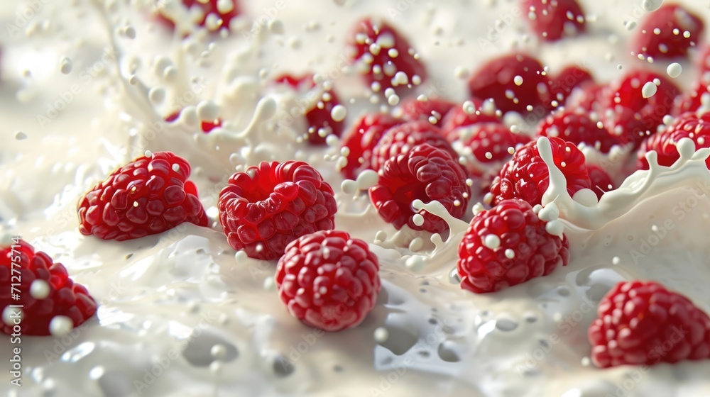 Close up of fresh raspberries with milk. Healthy yogurt, berry milkshake or smoothie food background Close up of fresh raspberries with milk. Healthy yogurt, berry milkshake or smoothie food background