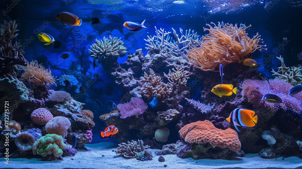 Amazing coral reef aquarium moment. Generative Ai - obrazy, fototapety, plakaty 