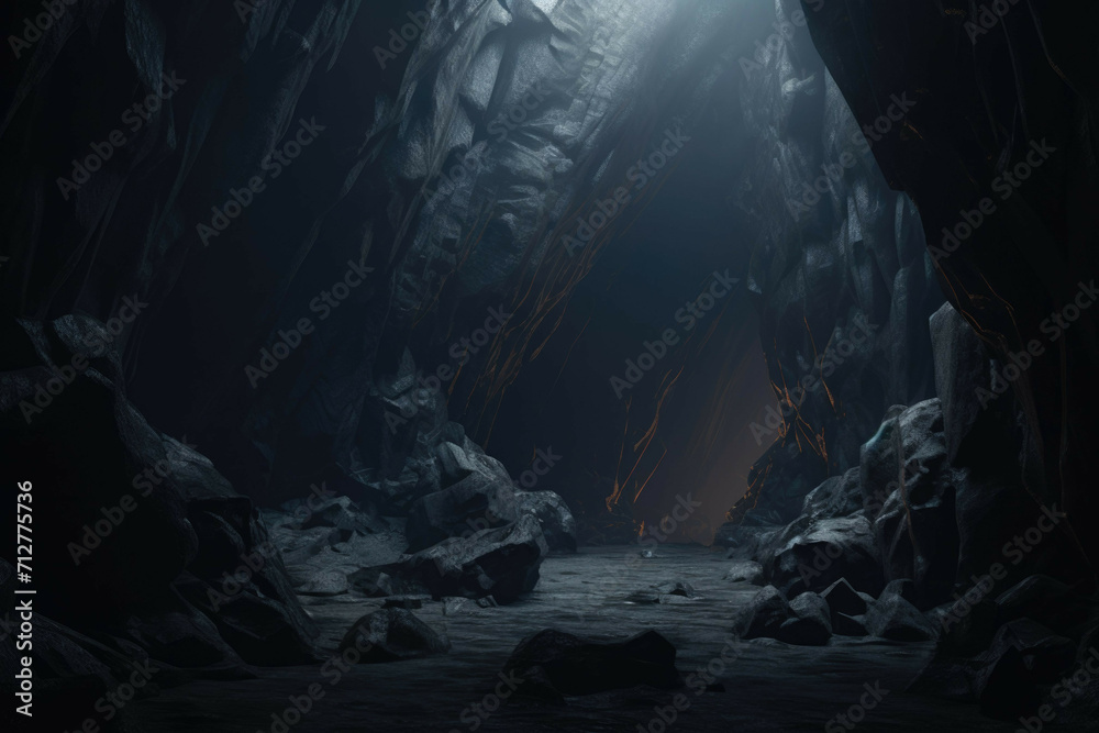 a mysterious, dark cave, illuminated by a single beam of light - obrazy, fototapety, plakaty 