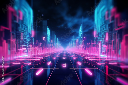Futuristic neon cityscape with glowing lines.