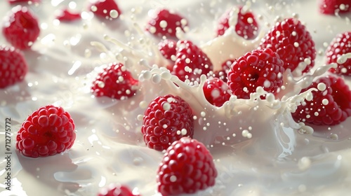 Close up of fresh raspberries with milk. Healthy yogurt, berry milkshake or smoothie food background