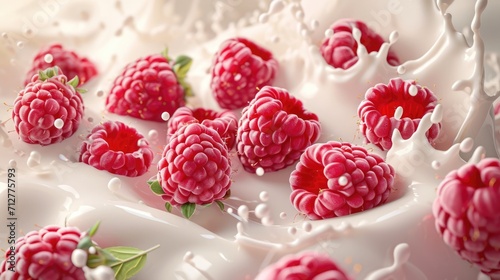 Close up of fresh raspberries with milk. Healthy yogurt, berry milkshake or smoothie food background