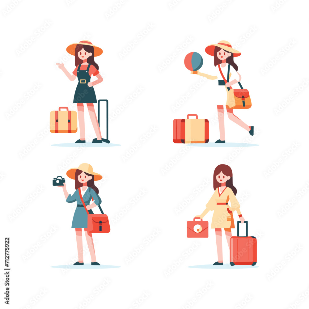 FOUR FLAT CHARACTER SET OF WOMAN TRAVEL TOURIST ILLUSTRATION VECTOR