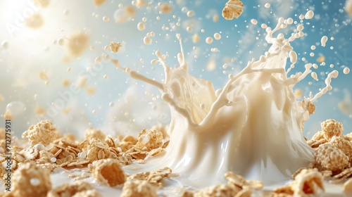 Cereals  granola or muesli breakfast with milk splashes. Breakfast food background