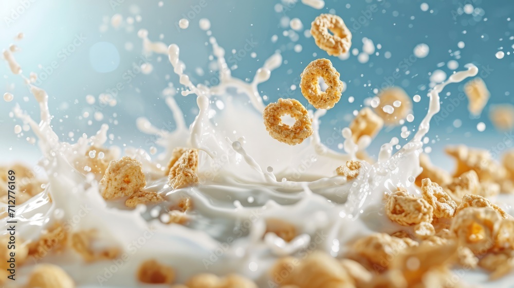 Cereals, granola or muesli breakfast with milk splashes. Breakfast food background