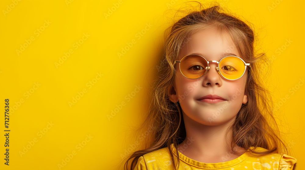 close-ups of a girl about 8 years old with glasses, light yellow background. Lots of copy space close-ups of a girl about 8 years old with glasses, light yellow background. Lots of copy space