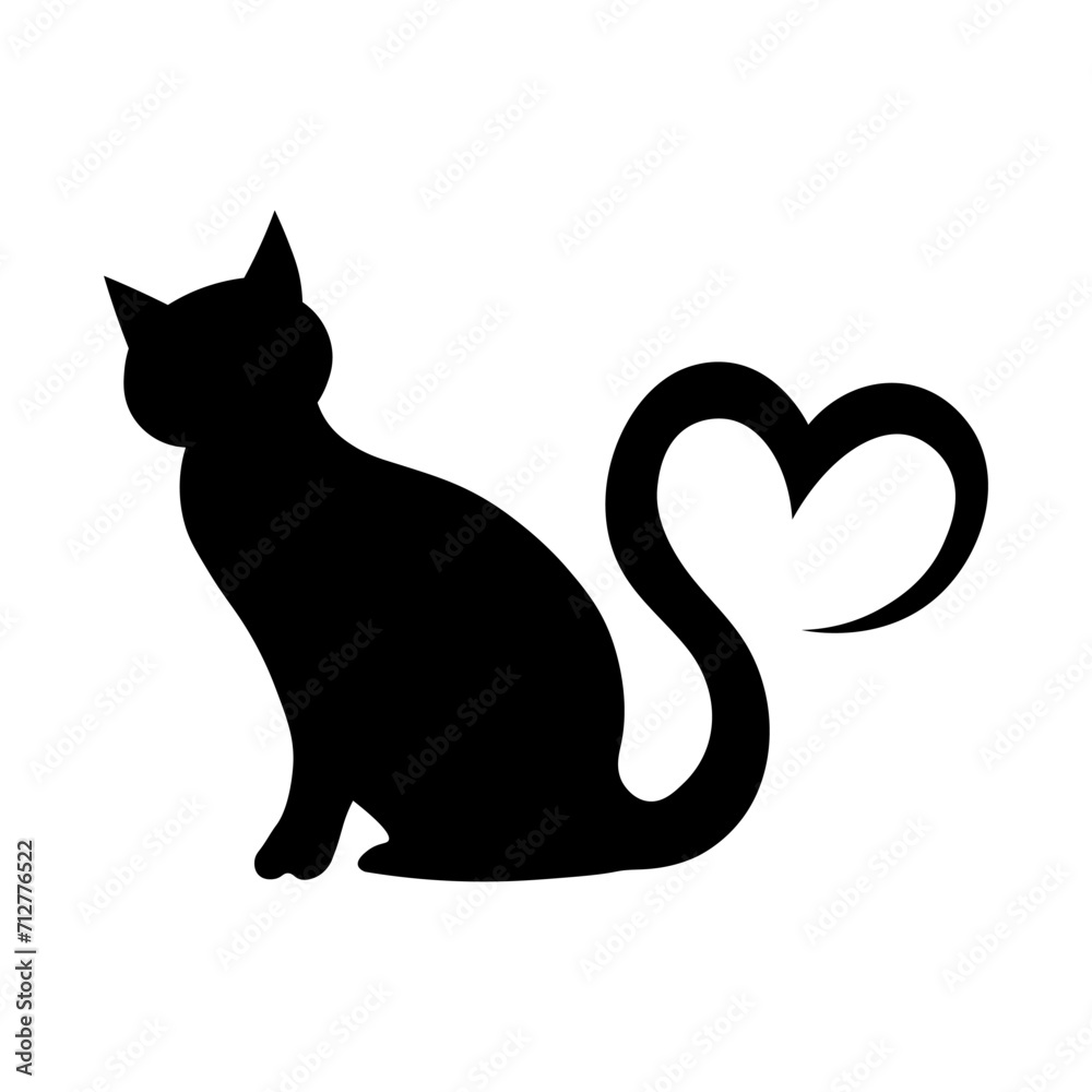 Black cat silhouette, heart shape tail, love animal sign, vector illustration.