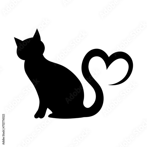 Fototapeta Naklejka Na Ścianę i Meble -  Black cat silhouette, heart shape tail, love animal sign, vector illustration.