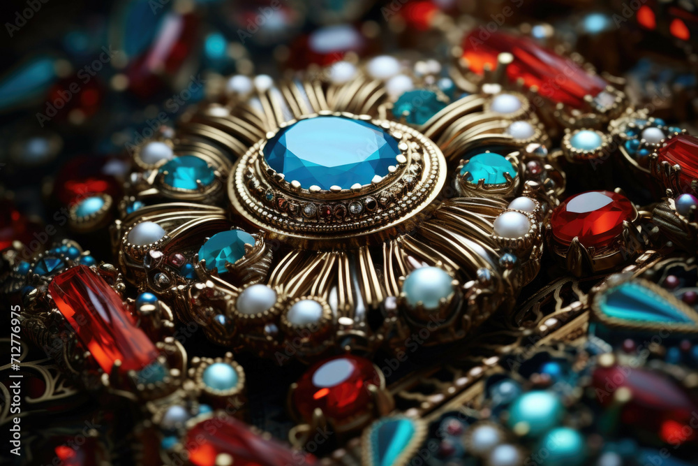 A close-up of a colorful, detailed piece of jewelry