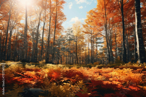 a vibrant and colorful autumn forest with a variety of trees in full fall foliage