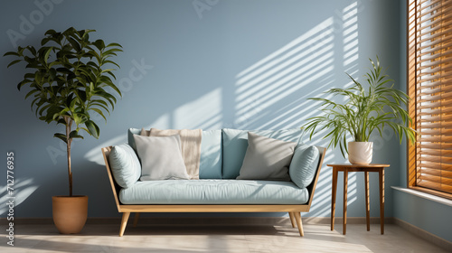 Light stylish furniture, light blue or marine color armchair with decorative pillow, home style © lisssbetha