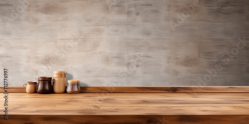Wooden table, wall background in kitchen, shelf for food and product display, table top banner