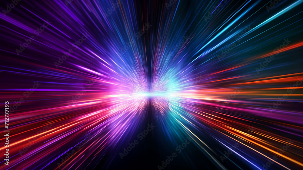 Abstract neon light streaks radiating from central point with vibrant colors, speed concept