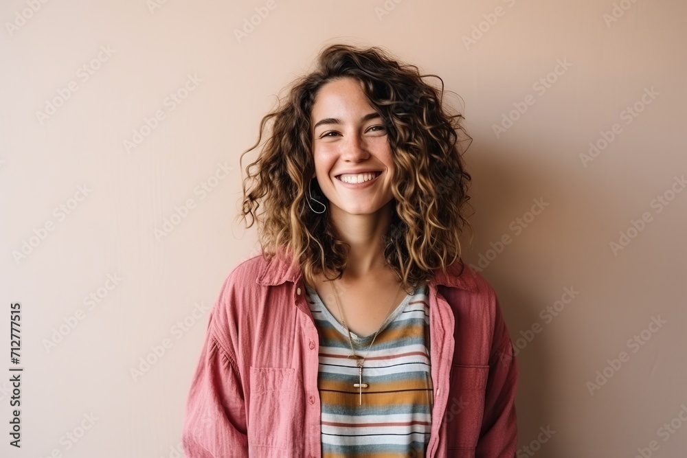 Portrait of a beautiful young woman with curly hair smiling at camera Portrait of a beautiful young woman with curly hair smiling at camera