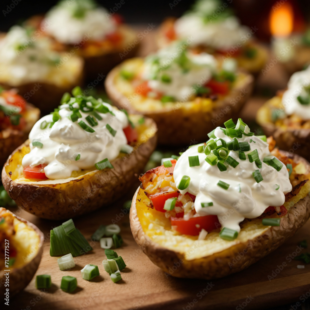 Loaded Potato Skins - Irresistible Crispy Goodness with Tangy Sour Cream and Fresh Chives Loaded Potato Skins - Irresistible Crispy Goodness with Tangy Sour Cream and Fresh Chives