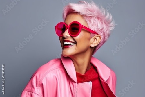 Fashionable young woman with pink hair and sunglasses over grey background.