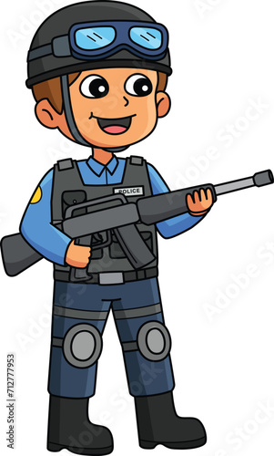 Police Officer in Full Gear Cartoon Colored