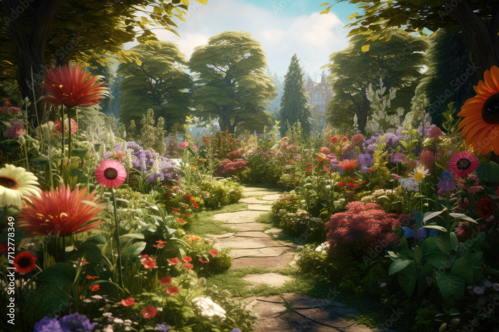 A colorful, vibrant garden with a variety of flowers, plants, and trees A colorful, vibrant garden with a variety of flowers, plants, and trees