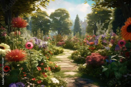 A colorful, vibrant garden with a variety of flowers, plants, and trees