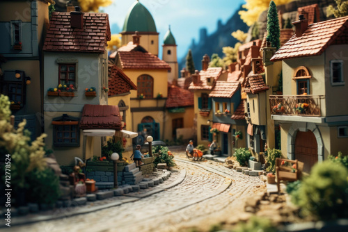 A small, quaint village with colorful houses and a cobblestone street