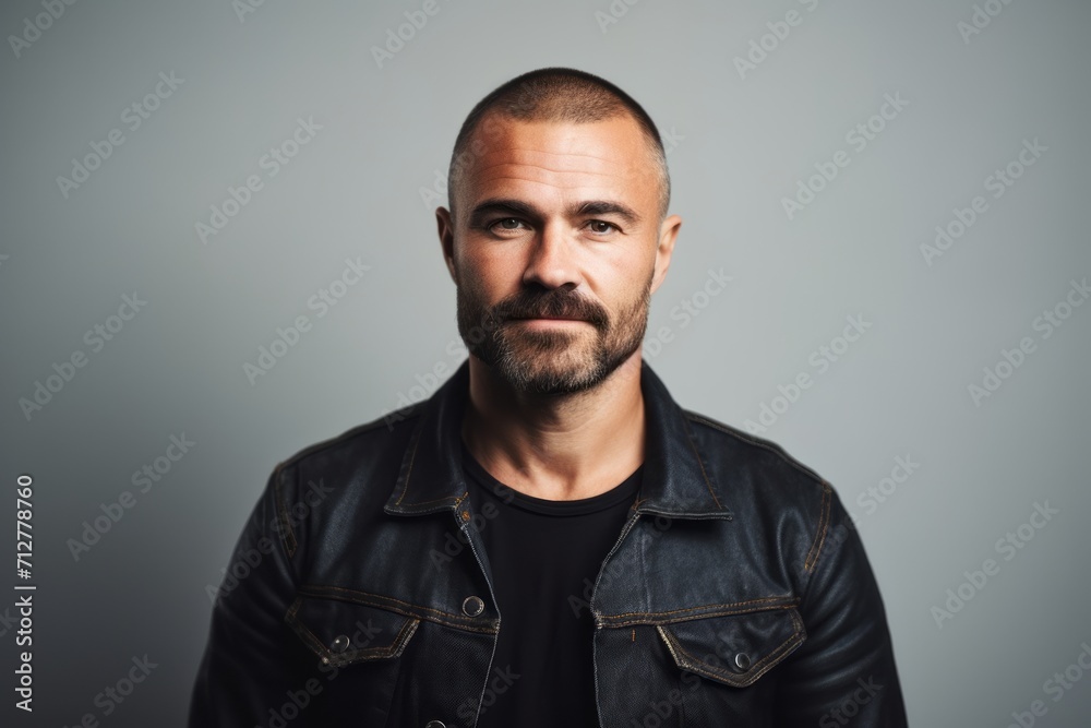 Portrait of a handsome man in a leather jacket on a gray background.