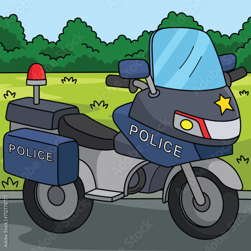 Police Motorcycle Colored Cartoon Illustration