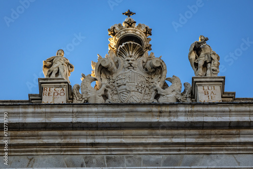 Architectural fragment of Spanish Royal Palace (Palacio Real, 18th century) in Madrid - official residence of the King of Spain, largest palace in Europe by floor area. Madrid, Spain.