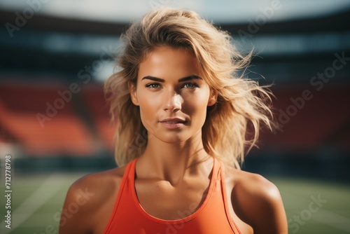 Portrait of beautiful sporty woman in sportswear posing at stadium