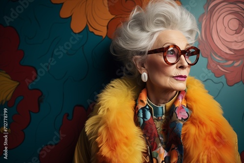 Elegant Senior Woman With Stylish Eyeglasses and Vibrant Fashion Posing Against Floral Background