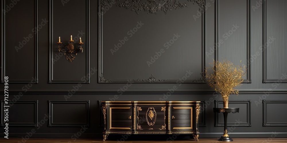 Antique wooden cabinet and a classy golden frame on a dark wall with molding in a luxurious living room - obrazy, fototapety, plakaty 