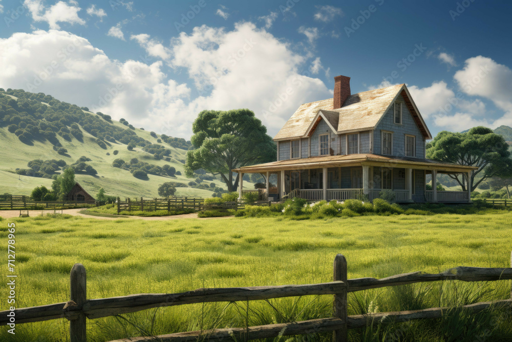 A traditional, rustic farmhouse in a lush, green meadow A traditional, rustic farmhouse in a lush, green meadow
