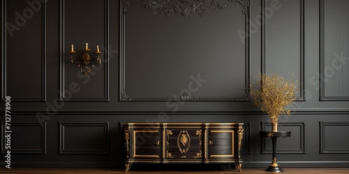 Antique wooden cabinet and a classy golden frame on a dark wall with molding in a luxurious living room