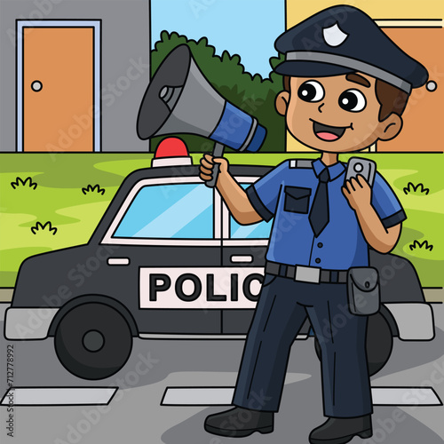 Police Man with a Megaphone Colored Cartoon 
