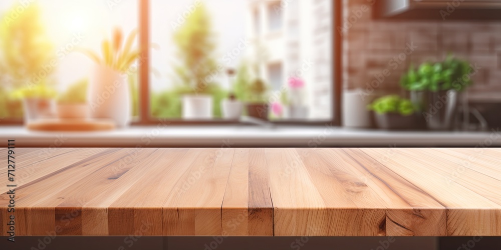 Modern kitchen with empty wooden tabletop and space for displaying products, with a blurred background.