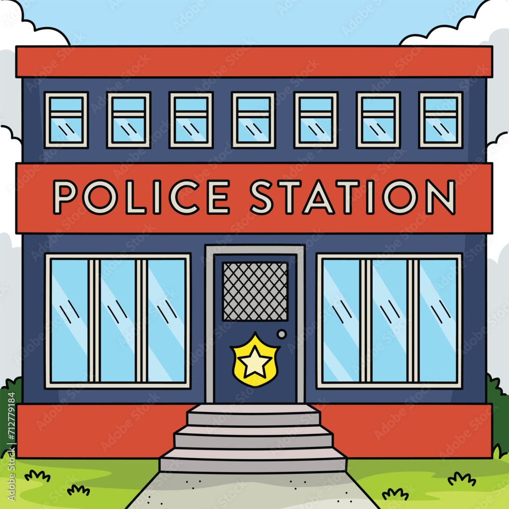 Police Station Colored Cartoon Illustration Police Station Colored Cartoon Illustration