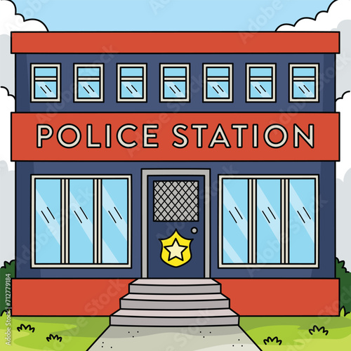 Police Station Colored Cartoon Illustration