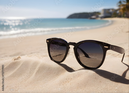 Sunglasses closeup at the beach © gmstockstudio